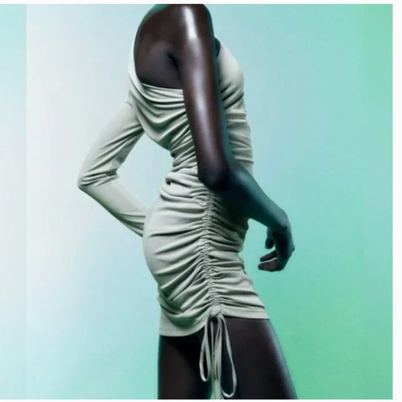 ZARA One Shoulder Asymmetrical Ruched Bodycon Stretch Fully Lined Dress - Picture 2 of 9